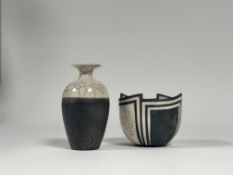 20th century Studio Pottery: a raku vase, of flask form with flared neck, with seal mark; and a raku