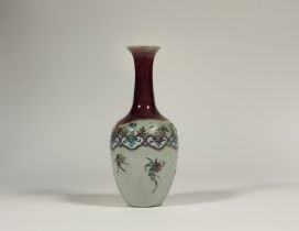 An unusual Chinese celadon porcelain vase with flambe glaze, 18th century, the slender neck and
