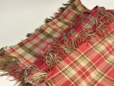 Three Scottish finely-woven woollen plaid shawls, c. 1900, each worked in soft reds and light and