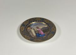A 19th century Vienna porcelain plate, painted to the well with a young woman offering flowers,