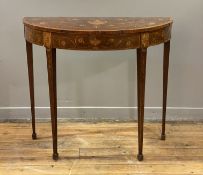 A Sheraton period satinwood demi-lune console table, circa 1800, the cross banded top with