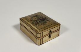 A 19th century straw work box, of oblong form, the hinged cover decorated with a polychrome floral