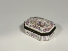 A Lille enamel box, of rectangular form, with cut-off corners, polychrome decorated to the hinged