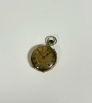 A Continental 18ct gold lady's open face fob watch, c. 1900, the engraved gilt dial with gilt