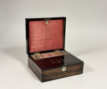 A mid-19th century coromandel workbox and writing slope, of plain rectangular form, the cover and