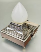 A Edwardian London silver mounted mahogany battery powered patented chamber lamp with tulip opaque