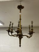 A well cast gilt brass six branch chandelier, early 20th century. H56cm.