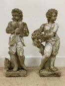Sommer and Winter, A pair of reconstituted stone garden statues. H80cm.