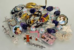 A collection of costume and silver mounted jewellery to include a  cased oval glass and rock