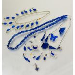 A collection of Lapis Lazuli mounted white metal jewellery to include a thong style necklace L x