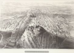 A framed Edinburgh Birds Eye-view by E.T Dolby, lithograph, published by M & N Lithographic