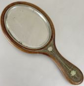 A late 19thc Indian Kashmir rosewood brass inlaid back and front panel oval hand mirror with beveled