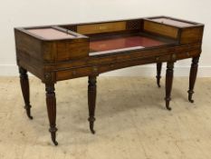 A William IV mahogany square piano, converted to a desk / dressing table, the back with fretwork