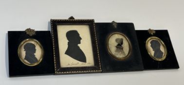 A collection of miniature framed silhouettes, three gentlemen on paper, one eglomise of a girl,