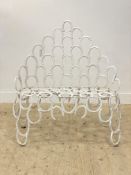 A white painted horse shoe two seat garden bench. H106cm, W95cm.