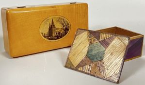 A Mauchlin ware transfer printed sycamore box with images of Aberdeen (h- 7cm, w- 20cm), together
