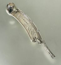 A Royal navy Victorian Birmingham silver Bosun whistle with chased crown and anchor and engraved