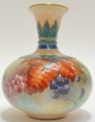 An Edwardian (1908) Royal Worcester bud vase with design of fruits and flora (marked verso, no chips