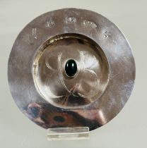 A modern Birmingham silver circular inset dish with blood stone oval cabochon in rub over setting
