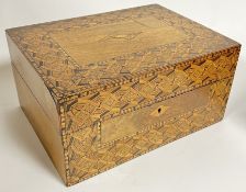 A Victorian walnut jewellery box with geometric inlaid design (h- 15cm, w- 31cm)