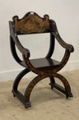 An early 20th century stained wood open armchair, the crest rail and show frame painted with