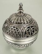 A eastern 925 stamped globe style incense burner with finial to top and arcaded arched alternation