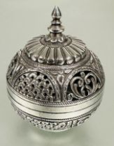 A eastern 925 stamped globe style incense burner with finial to top and arcaded arched alternation