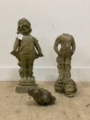 A pair of reconstituted stone garden statues, modelled as a boy and girl (a/f) together with a