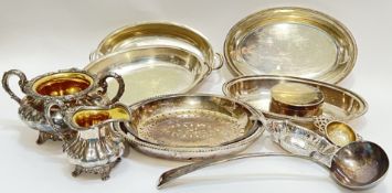 A group of silver plated items including six oval dishes (one for straining, largest w- 30cm), s tea