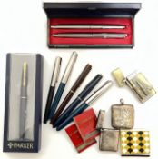 A quantity of Parker pens (8, some boxed), together with two vesta cases (one hallmarked silver, the