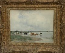 Adrianus J. Groenewegen (Dutch 1874-1963), Cows by water, watercolour, signed bottom left,