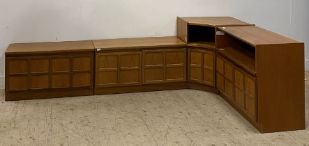 Nathan, a mid century teak suite of modular wall or side cabinets, comprising a corner unit with