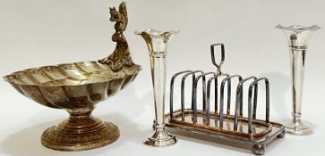 A group of silver plated items comprising a scalloped bonbon dish with squirrel knop (h- 19cm, w-