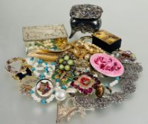 A collection of costume jewellery to include paste pearl necklaces, clip brooches, white metal