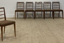 McIntosh of Kircaldy, a set of six mid century teak dining chairs, with ladder backs and upholstered