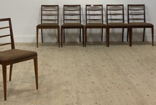 McIntosh of Kircaldy, a set of six mid century teak dining chairs, with ladder backs and upholstered