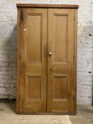 A 19th century pine two door cupboard, each door with two fielded panels enclosing fixed shelves.