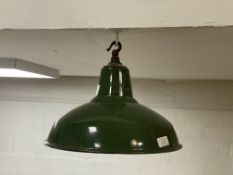 An vintage industrial green and white enamel pendent light fitting, D36cm.