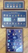 Three framed currency groups comprising 20th Century coins and stamps, Ancient to Modern (British