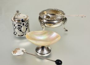 A collection of table salts sellers to include a Birmingham silver mounted shell salt H x 3.5cm ,