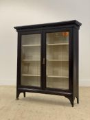 A late 19th century simulated mahogany (stained pine) bookcase, with dentil cornice above two glazed