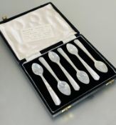 A 1930s set of six mother of pearl caviar spoons in original fitted case and with card L x 11cm