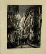 Maurice Jacques, Montmartre, Rue Saint Rustique, coloured etching signed and titled below,