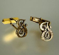 A pair of 9ct gold Edwardian cursive letter J sleeve links with folding bar posts one replaced H x