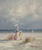 Marie Charlot, A woman and child at the seaside, oil on board, signed bottom right, framed. (