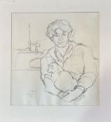 Property of the Late Countess Haig, C.R, Study of a man holding a cat, pencil on paper, initialled