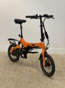 A Mirider single speed compact electric bicycle, with folding frame, complete with battery, charger,
