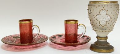 A mixed group of fine quality antique Venetian glass comprising two gilt cranberry glass espresso