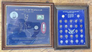 A group of four framed currency/medal groups comprising a Battle of Trafalgar set, a Roosevelt