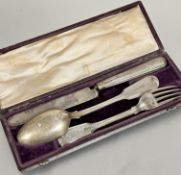 A Victorian London silver three piece fiddle and thread pattern christening set including spoon L